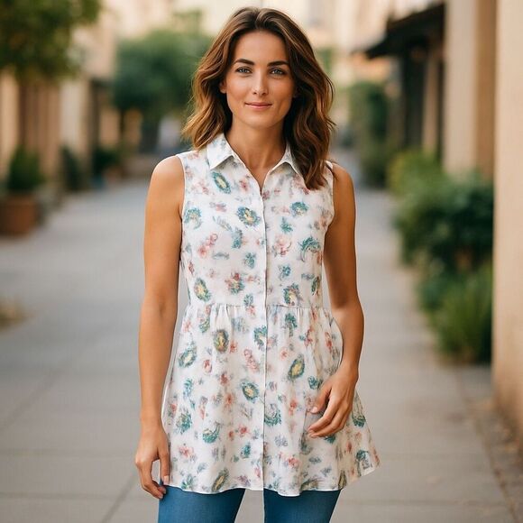 J.Jill Love Linen Sleeveless Shirt Dress XS Floral Button Front Summer Casual - Picture 3 of 6